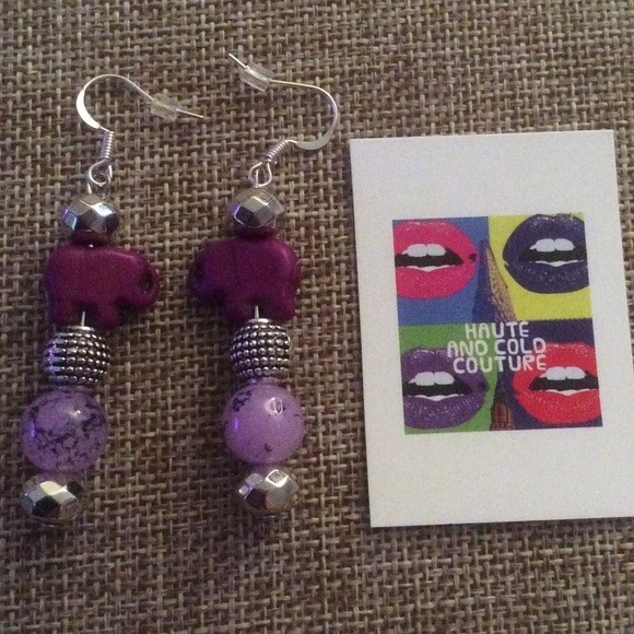 New Handmade Elephant Howlite Purple Earrings
